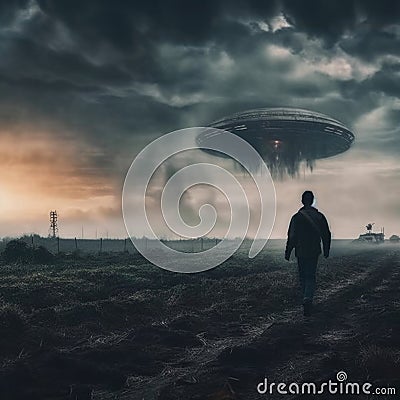 Alien spaceship (UFO) hovering over the field. Generative AI. Stock Photo