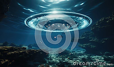 An alien spaceship underwater projecting a powerful beam of light Cartoon Illustration