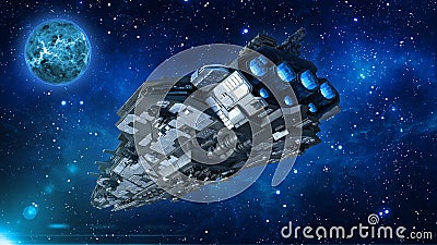 Alien spaceship in the Universe, spacecraft flying in deep space with planet and stars in the background, UFO rear bottom view Stock Photo