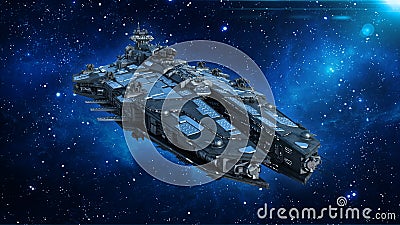 Alien spaceship in the Universe, spacecraft flying in deep space with stars in the background, UFO front view, 3D render Stock Photo