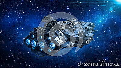 Alien spaceship in the Universe, spacecraft flying in deep space with stars in the background, UFO rear view, 3D render Stock Photo