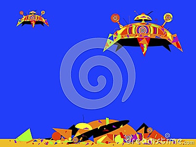 The alien spaceships go to land Vector Illustration