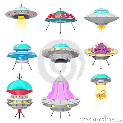 Alien spaceships, set of UFO unidentified flying object, Fantastic rockets, Cosmic spacecrafts in universe space. vector Vector Illustration