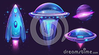 Alien spaceships, ufo with blue and purple light beam. Modern realistic illustration of futuristic flying saucer, round Cartoon Illustration