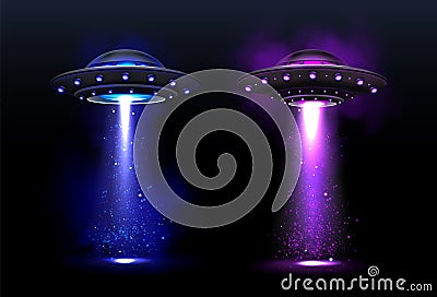 Alien spaceships, ufo with color light beam Vector Illustration