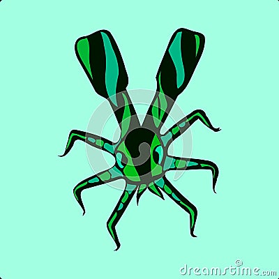 Alien squid green monster cartoon Vector Illustration