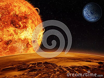 Alien sun rises over a rocky moon Stock Photo