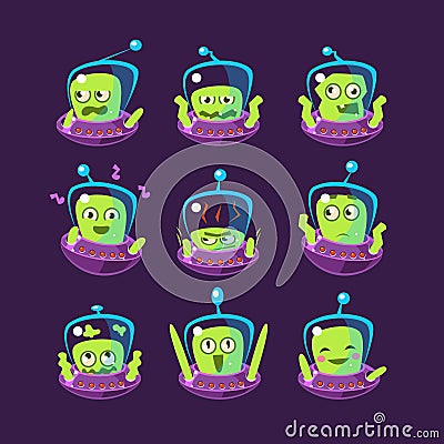 Alien In Ufo Emoji Set Vector Illustration