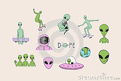 Alien, UFO, space, astronaut. Alien with a skateboard. Spaceship. Hand drawn stickers. Vector Cartoon Illustration