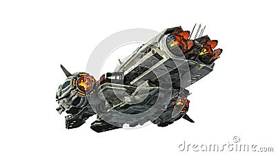 Alien UFO spaceship, spacecraft in flight isolated on white background, rear bottom view, 3D render Stock Photo