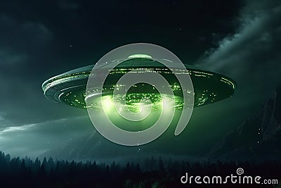 Alien visitation, UFO spaceship hovers in night sky, green creature awaits Stock Photo