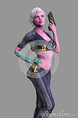 Alien woman with a prosthetic cyber style arm, holding a gun Stock Photo