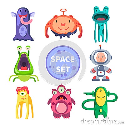 Aliens and astronaut, space world Vector Illustration