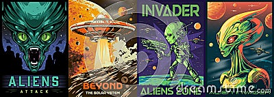 Aliens attack set posters colorful Vector Illustration