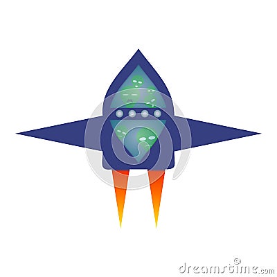 Aliens in a blue spaceship. Flight of the Martians. Vector Illustration