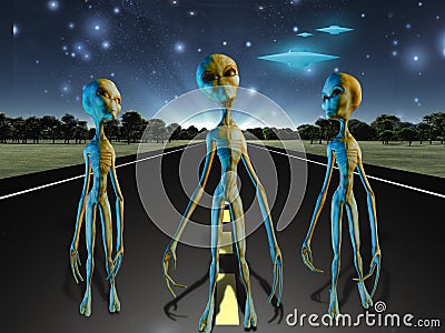Aliens on country road Stock Photo