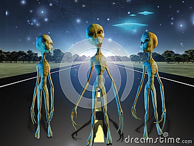 Aliens on country road Stock Photo