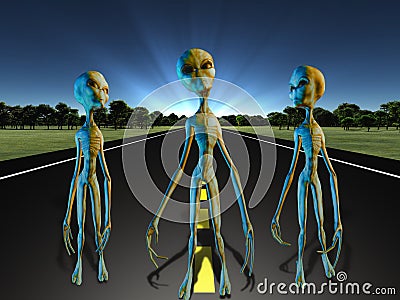 Aliens on country road Stock Photo
