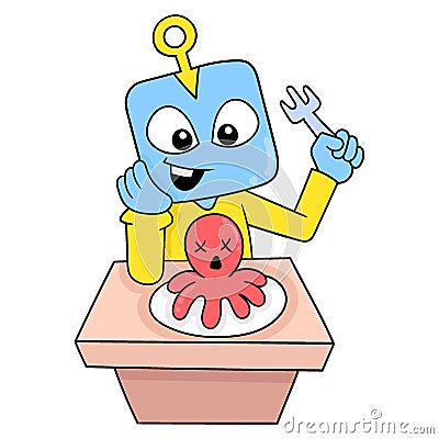Aliens are enjoying delicious octopus food, doodle icon image kawaii Vector Illustration