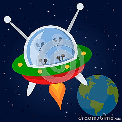 Aliens Flying with Spacecraft in the Space Vector Illustration