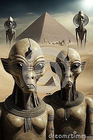 Aliens in front of the pyramids in Egypt AI generated content Stock Photo