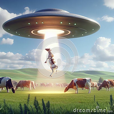 Aliens kidnap a cow from a field. Stock Photo