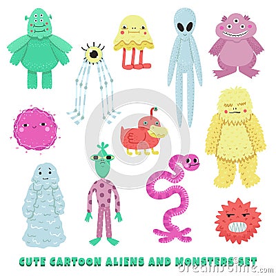 Aliens and monsters cartoon style vector set Vector Illustration