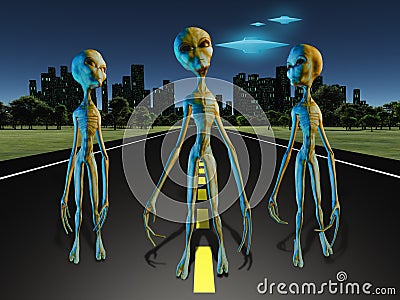 Aliens on road to city Stock Photo