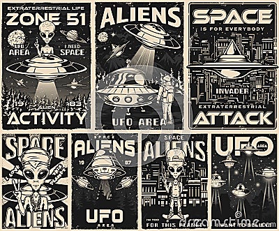 Aliens set vintage monochrome flyers Vector Illustration