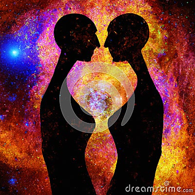 Aliens silhouettes at abstract cosmic background. Human souls couple in love and spiritual life concept Stock Photo