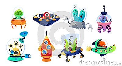 Aliens with spacecraft. Cartoon cosmic invader creatures flying on comic space transport. Cosmonauts driving spaceships Vector Illustration