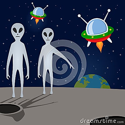 Aliens & Spacecrafts Threatening Earth Vector Illustration