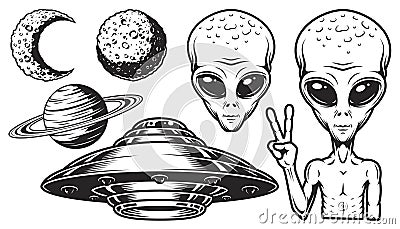 Aliens and ufo set Vector Illustration