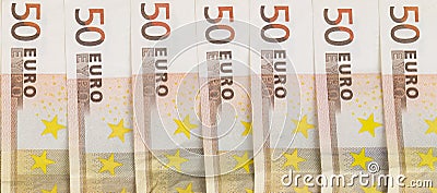 Aligned banknotes 50 euro european money on white background Stock Photo