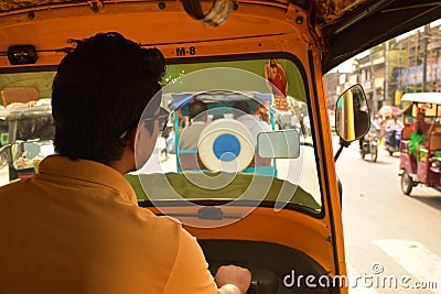 View from the inside of an auto-rickshaw in West Bengal, India Editorial Stock Photo