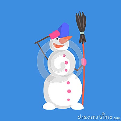 Alive Classic Three Snowball Snowman Doing Military Salute Cartoon Character Situation Vector Illustration