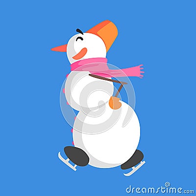 Alive Classic Three Snowball Snowman In Pink Scarf Ice Skating Cartoon Character Situation Vector Illustration
