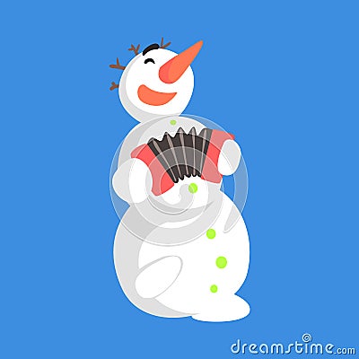 Alive Classic Three Snowball Snowman Playing Accordion Cartoon Character Situation Vector Illustration