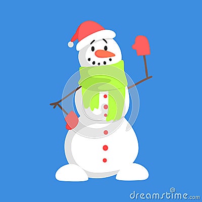 Alive Classic Three Snowball Snowman In Santa Claus Hat And Green Scarf Greeting Cartoon Character Situation Vector Illustration