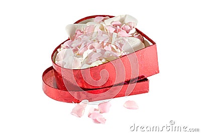 Alive pink and white petals in heart box Stock Photo