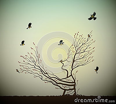 Alive tree on the rock and titmouses birds, tree soul, man like tree giving his hand branch to flying birds, fairytale Vector Illustration