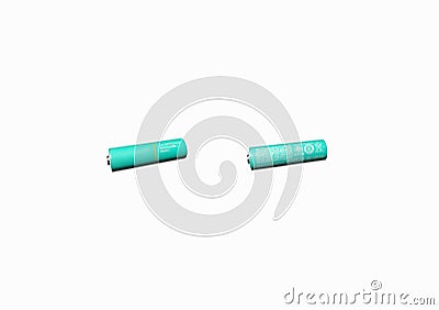 Alkaline AA batteries isolated on white background. Recycling of rechargeable NiMH batteries Stock Photo