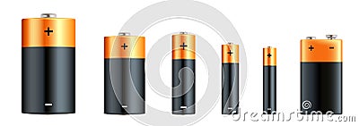 Alkaline batteries realistic set. Types of batteries. Size - D, C, AA, AAA, AAAA, PP3. Alkaline battery set with diffrent size - Vector Illustration