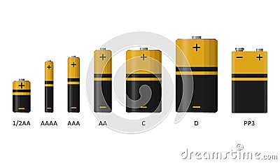 Alkaline battery set with different sizes isolated on white background. Rechargeable batteries flat modern style. Vector Vector Illustration