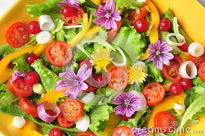 Alkaline, colorful salad with flowers, fruit and vegetables Stock Photo