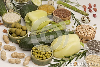 Alkaline foods set. Healthy food for diet and lifestyle: green vegetables, nuts and seeds Stock Photo