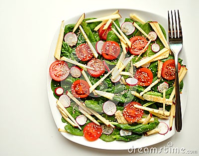 Alkaline, healthy food : spinach, apple and tomato Stock Photo