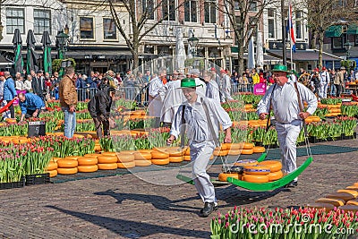 Alkmaar, the Netherlands - April 12, 2019: Traditional cheese market on the Waagplein square in Alkmaar Editorial Stock Photo