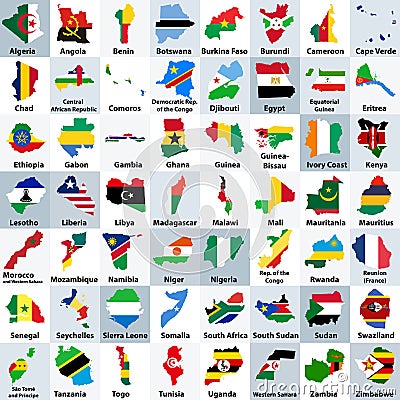 All African countries maps mixed with their national flags and arranged in alphabetical order Vector Illustration