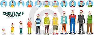 Christmas and New Year family concept. People generations at different ages in the Santa Claus hat. Man aging: baby Vector Illustration